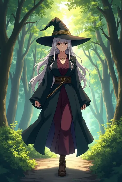 Anime style girl in witch costume,  sturdy body with apparent maturity in age, Serious look but with a slight smile, walking to the camera through a forest 