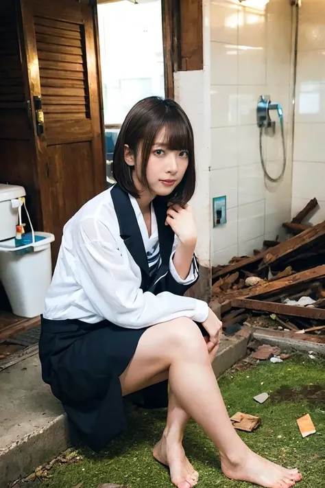  public toilet， detailed skin,  resting masochist &#39; Smile :1.3, (   1 girl completely naked ,  alone:1.3),   focus on the face  ,    from before  , (from below:1.2),
  short hair,     black hair, blunt bangs,
slender,   slender figure in ruins,   thin ...