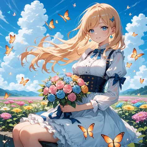 anime、kawaii"An surreal girl is sitting in a vast flower field. She is holding a colorful bouquet of flowers, and in the background there is a blue sky with white clouds. Butterflies are fluttering in the sky, and sparkling light particles are floating in ...