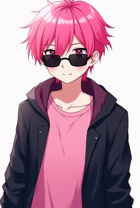 A pink haired anime boy, color white skin, has a pink t-shirt with a black jacket, and using shades