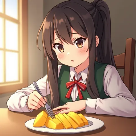 (Anime-style, Female - Evelyn)
Evelyn’s expression shifts slightly as she notices mango slices on the table. Her brows furrow, her fingers tightening around the fork. A flicker of discomfort crosses her face.