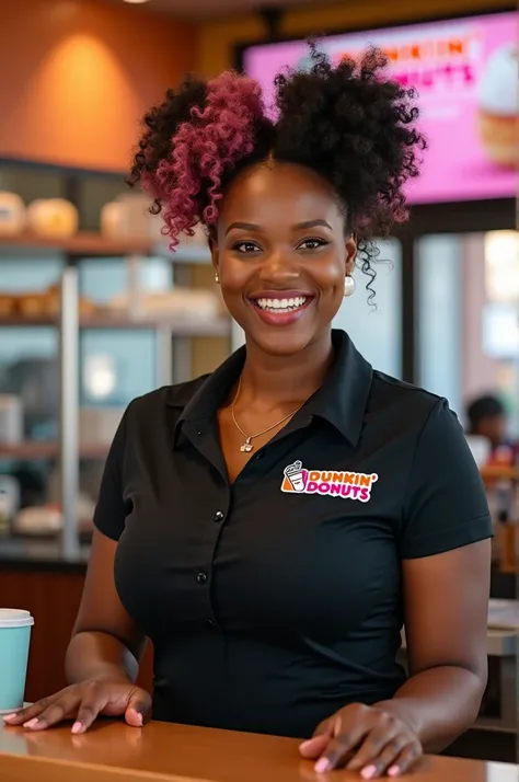 a wideshot of a black woman with big breast smiling with two pink and black curly buns wearing a black dunkin donuts collar shirt standing behind a counter in dunkin donuts