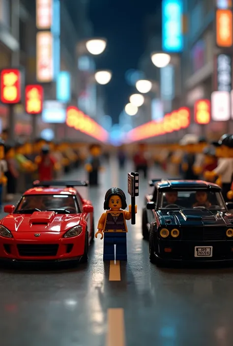 A highly detailed, realistic image depicting a scene inspired by the movie *Fast & Furious*, but with everything built entirely out of LEGO. The scene is set in Tokyo, showcasing a street race about to begin. Two LEGO cars, a bright red sports car and a sl...