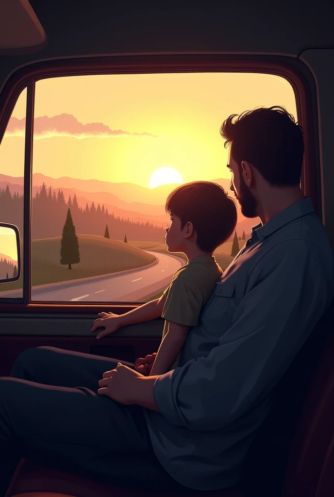 The father and son in the truck, driving back home, both looking out the window. The mood is reflective, with the sun beginning to set, casting warm light over the road