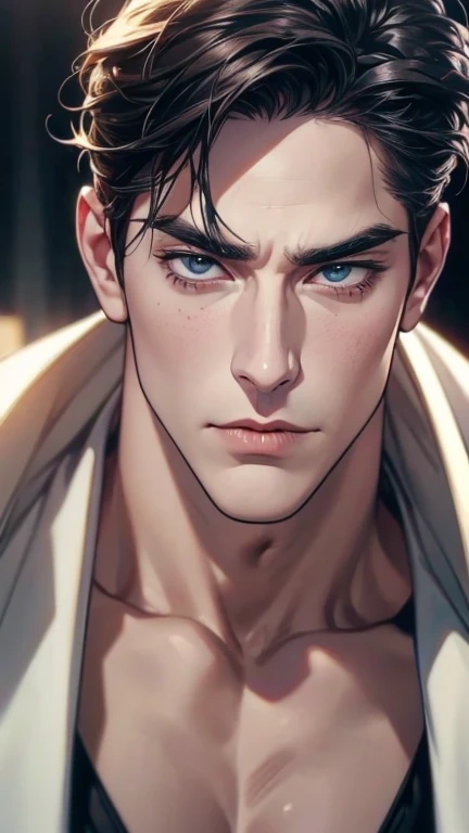 (  thong,4K,8k, highres, masterpiece:1.2), ultra-detailed,(realistic,photorealistic,photo-realistic:1.37),36-year-old man,3 day beard,Cute anime ,Portraits,strong,Masculine, dark hair,sharp jaw,  mesmerizing eyes  , perfectly combed hair, cool anime outfit...