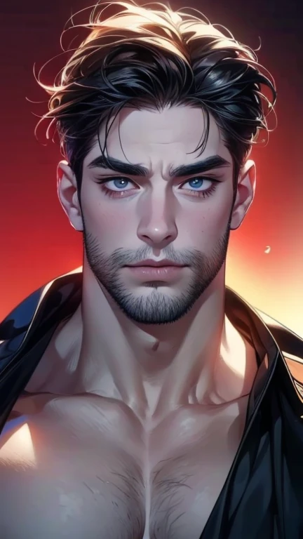 (  thong,4K,8k, highres, masterpiece:1.2), ultra-detailed,(realistic,photorealistic,photo-realistic:1.37),36-year-old man,3 day beard,Cute anime ,Portraits,strong,Masculine, dark hair,sharp jaw,  mesmerizing eyes  , perfectly combed hair, cool anime outfit...