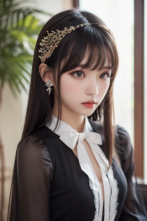  best quality , ( photorealistic:1.2),  1 girl, Alone,  detailed color,  focus on face ,  standing,  black hair,( hair ornament :1.35),OL,  ribbon trimming sleeve ,  detachable sleeves , Ribbon trim,  wide sleeve, ( viewers:1.5)  long hair,  black eyes, ba...