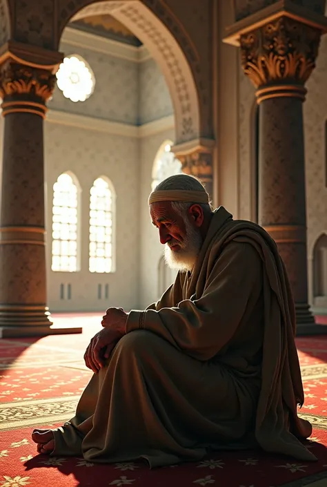 an ancient beautiful arabian man sitting in a mosque and cries in pain