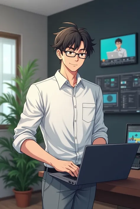 An anime-friendly looking male business character 30 years old who is wearing glasses, with messy medium-length hair, wearing a white button-up shirt with rolled-up sleeves and gray slacks. editing videos on a laptop in a video studio setup