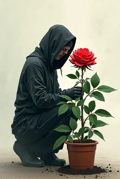 An unknown person grows a rose in a pot