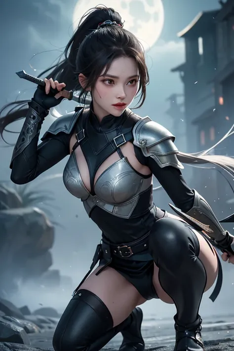 A fierce female ninja knight with a long, flowing green ponytail reaching down to her knees. She wears an intricate fusion of knight and ninja armor, blending the sleek agility of a shinobi with the sturdy protection of a warrior. Her armor is a mix of lig...