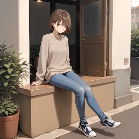 score_9,score_8_up,score_7_up,source_anime,solo,beautiful adult woman, short bob, ash brown hair, side bangs, natural hair texture, slim body, slender, casual clothing, sweater, denim, sneakers, simple style, soft atmosphere, relaxed appearance, minimalist...