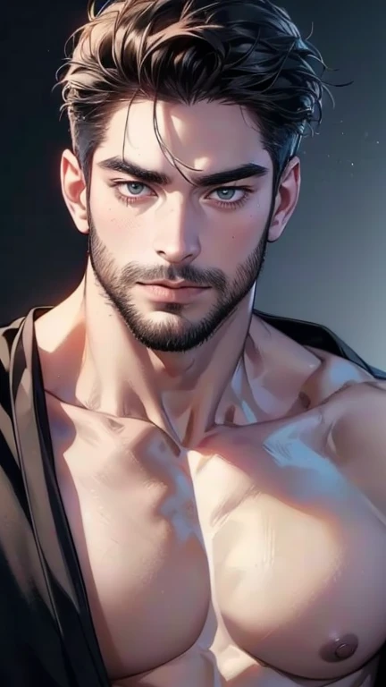 (  thong,4K,8k, highres, masterpiece:1.2), ultra-detailed,(realistic,photorealistic,photo-realistic:1.37),36-year-old man,3 day beard,Cute anime ,Portraits,strong,Masculine, dark hair,sharp jaw,  mesmerizing eyes  , perfectly combed hair, cool anime outfit...