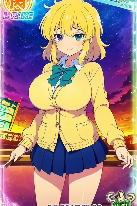 Ryona ,( Masterpiece),( top quality),2D, anime,  ( Anime art),  lineart  , watercolor,loli,(large breasts),smile,1 girl,(school uniform, Cardigan),(blonde hair),Alone,