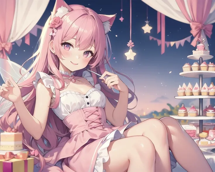 Top quality, high resolution, detailed, beautiful image quality, one girl, cute pale pink dress with frills, cat ears, lolicon feel, smiling face, cute design based on pink, overall sweet and dreamy atmosphere, sweets, hearts, cakes and gift boxes are draw...