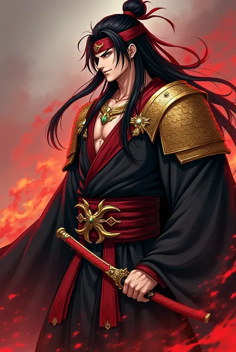  Ryūshi Kamado has long, black hair with red reflections ,  golden amber eyes that shine in battle and a face marked by a scar . tall and muscular,  his body is covered in battle scars .  He wears a personalized uniform with black and red haori ,  in addit...