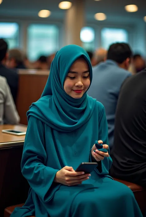 A asian girl 20 years old,perfect face,sitting in a cross-legged stall with a cellphone in her hand on the table, ligth blue hijab, ligth blue pashmina dress,, 
many people sat behind him. 
At night, the lights are dimly lit, look at the camera