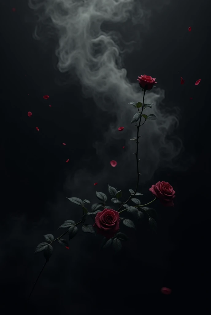 Create a black background with soft, flowing smoke in shades of gray, blending seamlessly to create a mysterious and atmospheric effect. On one side of the background, incorporate a natural-looking rose bush with deep red roses, as if taken from a mystical...