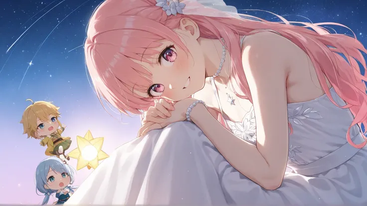 "chibi,flatchest,A  girl with soft pink hair and soft pink eyes sits under a vast, starry night sky. She gazes up in wonder, her small hands resting on her lap. The stars twinkle brightly, casting a soft glow on her delicate features. The scene is calm and...