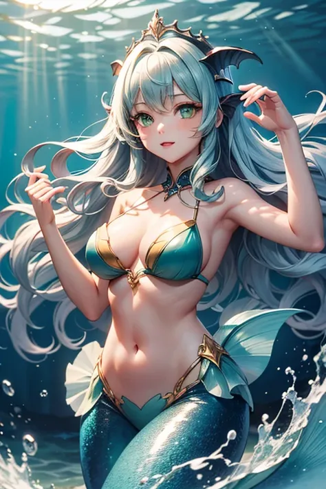  highest quality,   ultra high resolution, (( girl)),seabed、 has a large three-pronged spear、 long wavy light blue hair、 green eyes、The Little Mermaid、 Upper Body Bikini 、Lower body tail fin