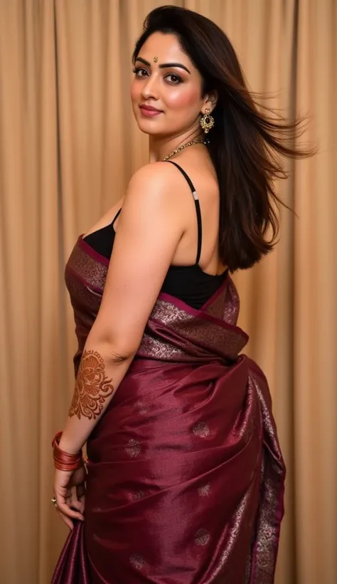 Woman in a deep maroon Banarasi saree,  mid-thirties,  South Asian ethnicity, adorned with intricate silver zari work and dark motifs,  exuding elegance and confidence.  Smooth,  silken fabric,  draped with grace. Dark, long hair flowing.  Black sleeveless...