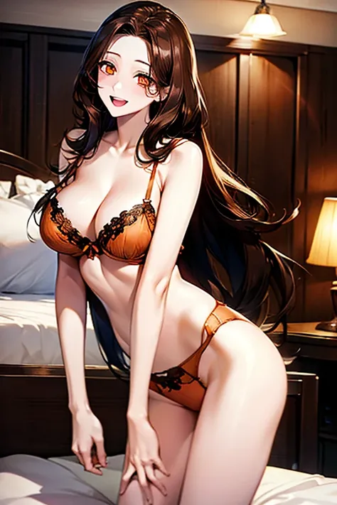 jung yein, (((sexy orange color lingerie)))), Very detailed、highest quality、Best image quality、masterpiece、8k、Anime Face、A kind smile、Open Mouth、((brown long hair:1.5))、big breast, sexy、 beautiful body 、Cowboy Shot, Sexual Intercourse, ((orange eyes)), hot...