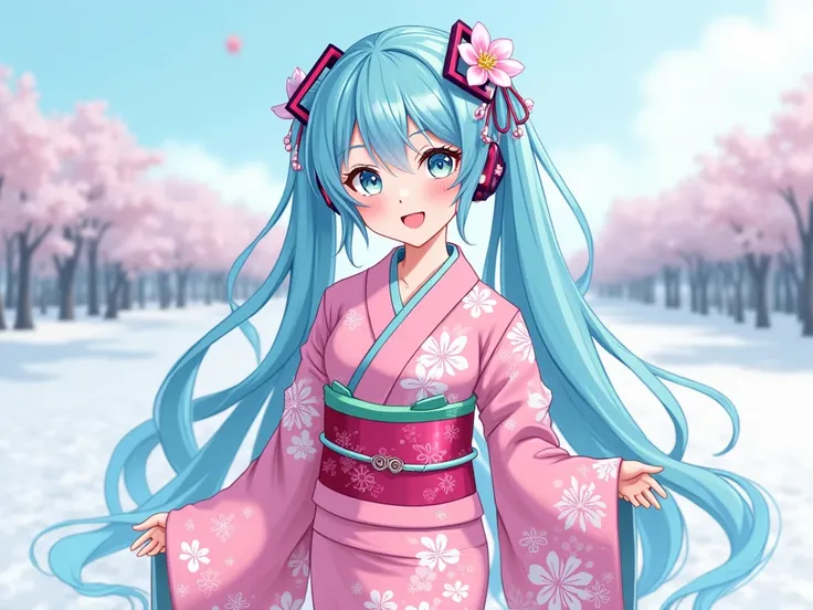      Hatsune Miku wearing a pink kimono with cherry blossom details   (     Sakura flowers ) and some sky blue details     , without a hat , with a cheerful and lively face      ,  On a snowy Japanese beach   ,      long hair  , (((    E anime-style with d...