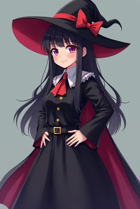 Anime style girl in witch costume, robust body with apparent maturity in age, Serious look but with a slight smile, the camera looking at the character from the front with one hand on the waist and the camera looking at the character from the side showing ...