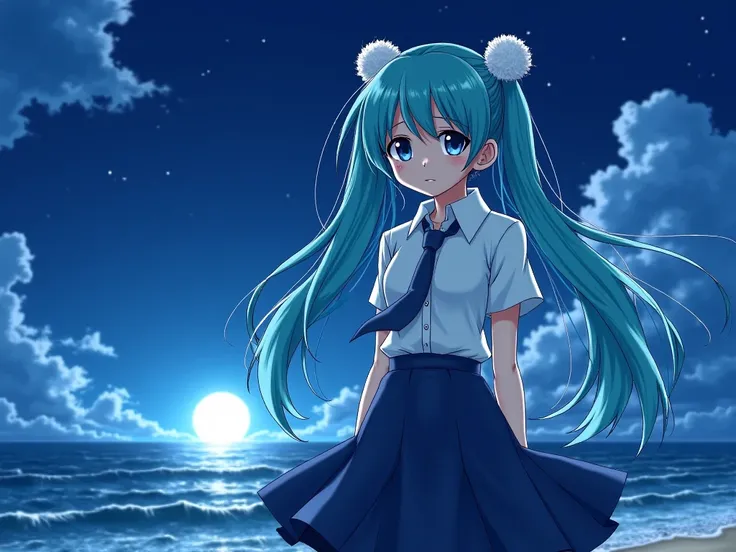     Hatsune Miku wearing a white shirt with buttons and short sleeves , Dark Blue Skirt,     on a beach and with a night sky and the rising moon   , rough sea,       long hair , Details of a white pompom in her hair   , sad face, ((((    of high quality  ,...