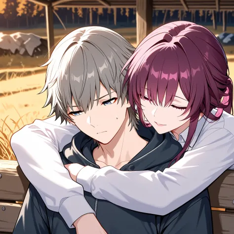 Love couple, Caelus and Kafka Honkai Star Rail, leaning on each other, depressed, camp in background, masterpiece, best quality, High resolution 