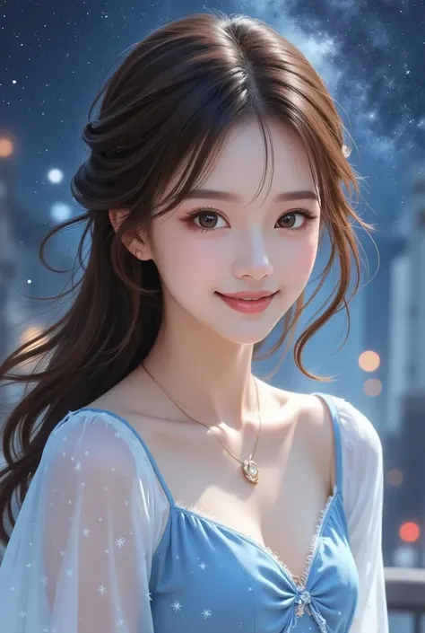 💖💖 Masterpiece、  top quality、8k、  Hi-Res、 1 best girl 、 beautiful face、 beautiful brown eyes、  pretty pink lips 、Beautiful nose、   long flowing brown hair  、 moderate bust、smile、 Bright starry sky 、  Milky Way、  jewelry、  necklace、 white and blue colorful ...