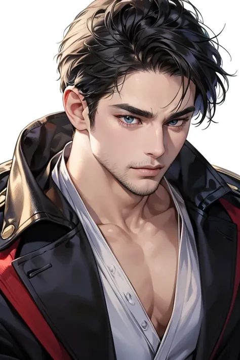 (  thong,4K,8k, highres, masterpiece:1.2), ultra-detailed,(realistic,photorealistic,photo-realistic:1.37), 30-year-old male,3 day beard,Cute anime ,Portraits,strong,Masculine, dark hair,sharp jaw,  mesmerizing eyes  , perfectly combed hair, cool anime outf...