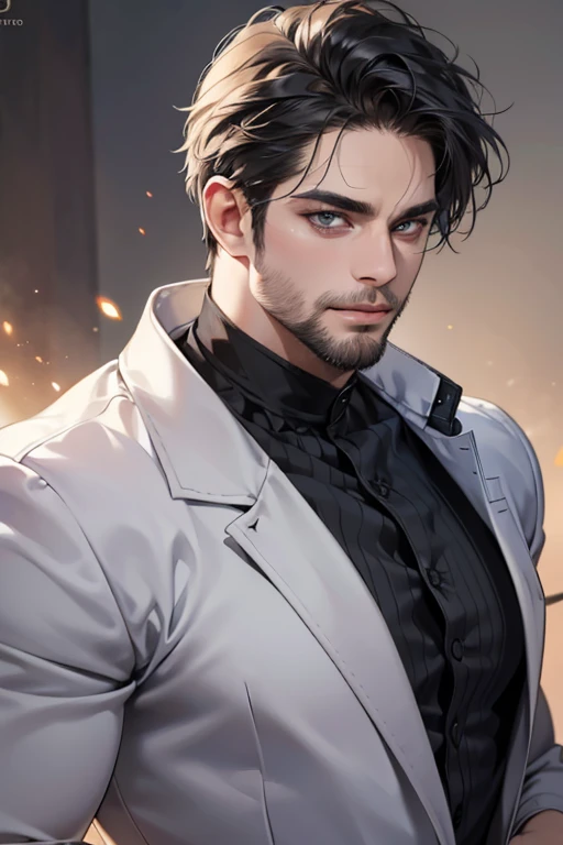 (  thong,4K,8k, highres, masterpiece:1.2), ultra-detailed,(realistic,photorealistic,photo-realistic:1.37), 30-year-old male,3 day beard,Cute anime ,Portraits,strong,Masculine, dark hair,sharp jaw,  mesmerizing eyes  , perfectly combed hair, cool anime outf...