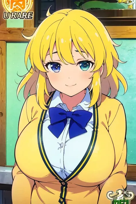 Ryona ,( Masterpiece),( top quality),2D, anime,  ( Anime art),  lineart  , watercolor,loli,(large breasts),smile,1 girl,(school uniform, Cardigan),(blonde hair),Alone,