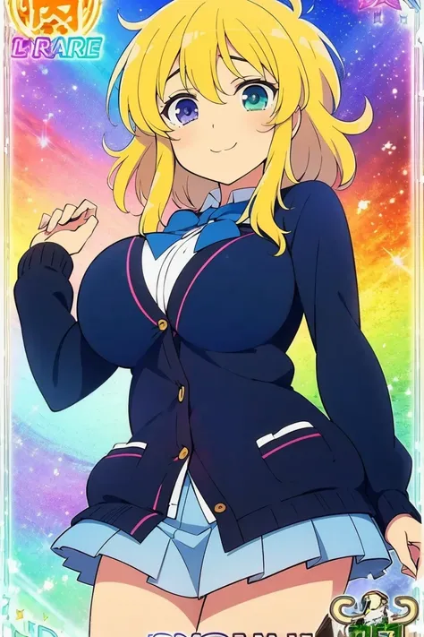 Ryona ,( Masterpiece),( top quality),2D, anime,  ( Anime art),  lineart  , watercolor,loli,(large breasts),smile,1 girl,(school uniform, Cardigan),(blonde hair),Alone,