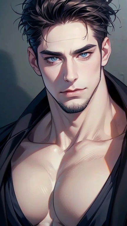 (  thong,4K,8k, highres, masterpiece:1.2), ultra-detailed,(realistic,photorealistic,photo-realistic:1.37),36-year-old man,3 day beard,Cute anime ,Portraits,strong,Masculine, dark hair,sharp jaw,  mesmerizing eyes  , perfectly combed hair, cool anime outfit...