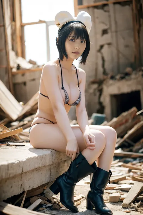  detailed skin,  resting masochist &#39; Smile :1.3, (   1 girl completely naked ,  alone:1.3),   focus on the face  ,    from before  , (from below:1.2),
 short hair,     black hair, blunt bangs,
slender,   slender figure in ruins,   thin legs,   oily肌,  ...