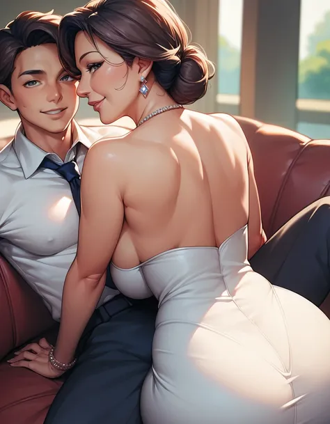 score_9, score_8_up, score_7_up, source_anime, 1boy, 1girl, mature female, mother and stepson , mature male, seductive smile, looking at viewer, The mother is sitting, stepson is clinging on mother, white tight dress, from behind, (focus on her hips), Sitt...