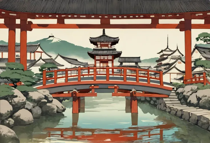 Arafe Bridge over a body of water with a red bridge,  pictures inspired by Sesshu Toyo,  shutterstock, ukiyo-e, Old-fashioned Japanese architecture ,  Japanese cities , Feudal Japan,   Japanese temples ,  Japanese Tradition , Japan Tourism, Feudal Japanese...