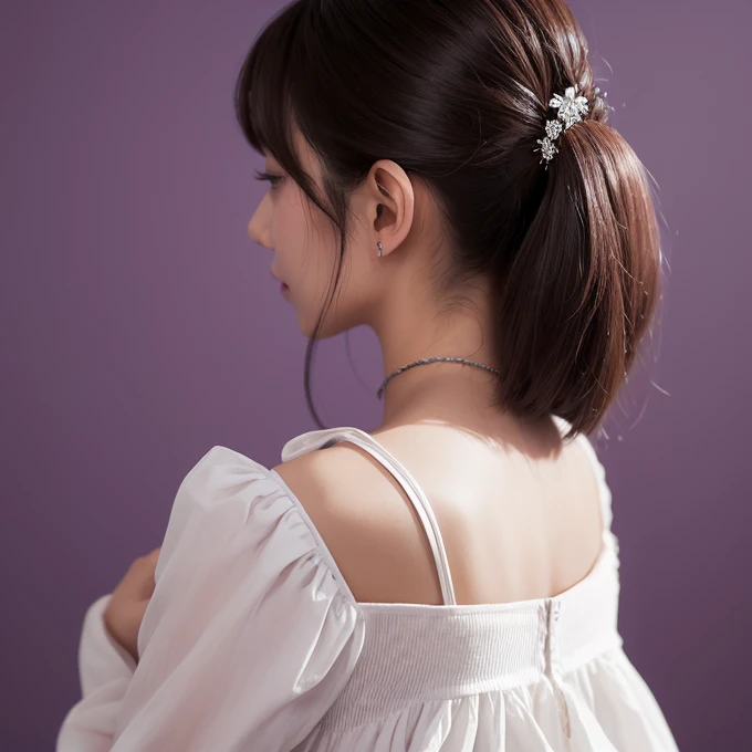  Masterpiece,  highest quality, Back view、 1 girl completely naked, Alone, length_hair,  accurately _in_viewer, 前hair,  simple_background, length_ sleeve,  dress, hair_ between_eye,   jewelry,  closed _mouth,   monochrome,  upper_body, white_hair, frills, ...