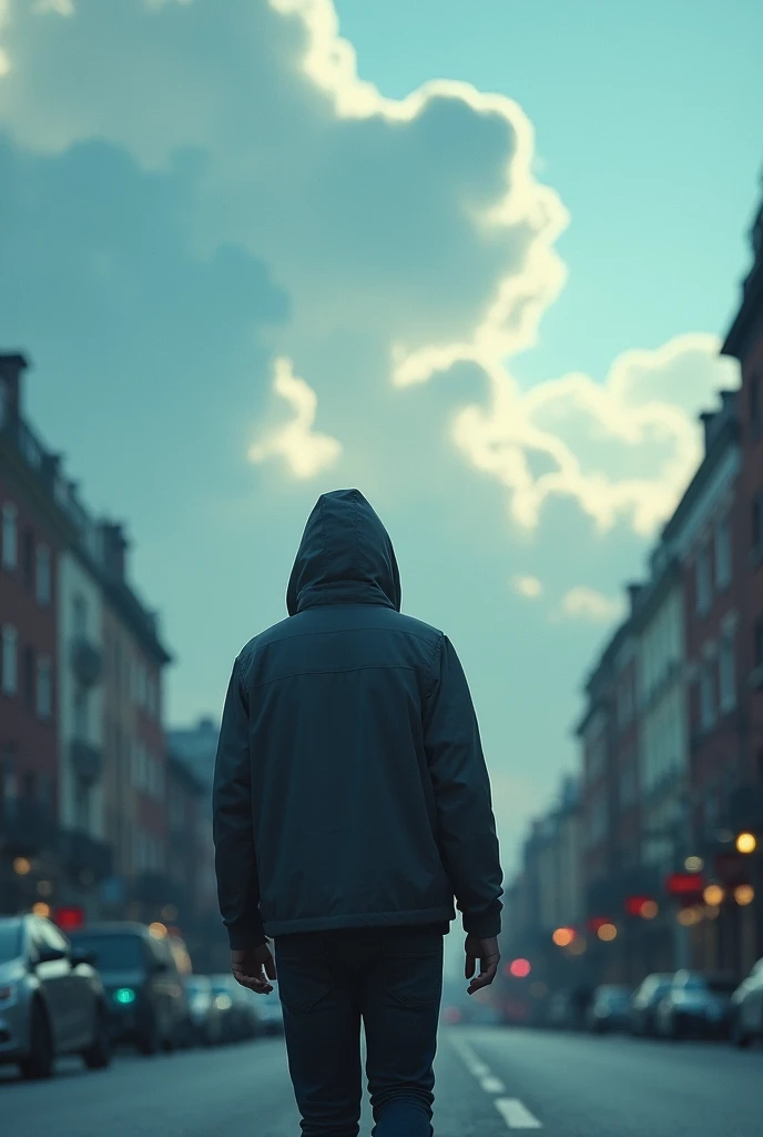  man wearing hoodie walking alone seen from behind, sky background clouds street and realistic cool atmosphere ,  , high color effect, real 8k focus detail ,