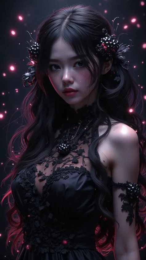  A stunning portrait of a girl ， She has black eyes in a dark room 。 Her voluminous chest is covered with blackberries ， while her ebony room is lit by twinkling fireflies 。Her hair is very dark ，very long， all embroidered with a blackberry 。 She wears a g...