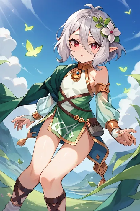  pcrkok , grey hair, elf, antenna hair, flat chest, red eyes, kokdef , hair flower, white flower, green robe, two-tone dress, green dress, white dress, sleeveless, detached sleeves, see-through sleeves, bridal gauntlets, gladiator sandals, forward bending