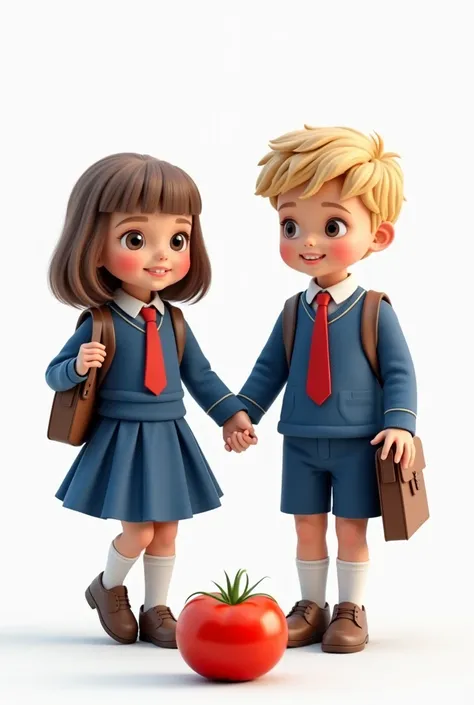 Slavic boy and girl in blue school uniforms with red ties,  holding hands , briefcases on the shoulders .  tomato on the best quality white 