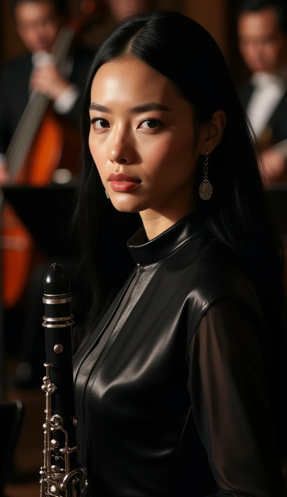 Clarinet as a Person (Refined and Intellectual)
A sophisticated woman with jet-black, sleek straight hair cascading down her back. She wears a high-collared, elegantly structured black dress with silver inlays, mirroring the clarinet’s smooth design. Her s...