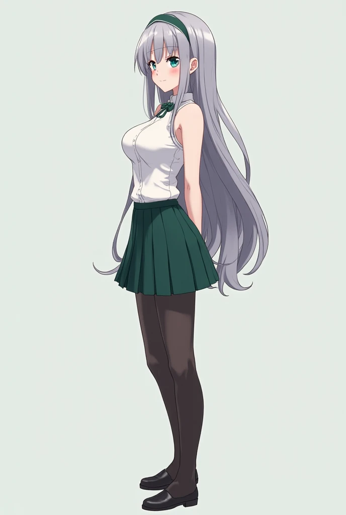 anime girl with long but not very ashy hair with a headband , short dark green pleated skirt (not a pencil skirt )  with black stockings and turquoise eyes standing straight and right facing the camera in full length with large breasts, buttocks and thighs...