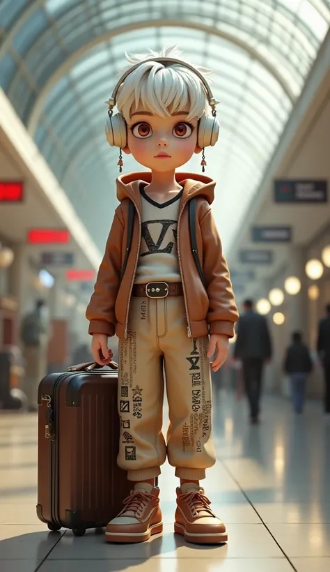 3D animation, Gothic style,  boy,full body， white hair, red eyes, white hollow earrings, white hooded headphones, brown and white straight-striped long-sleeved collared shirt, beige V-neck long-sleeved sweater, white belt, beige trousers covered with Egypt...