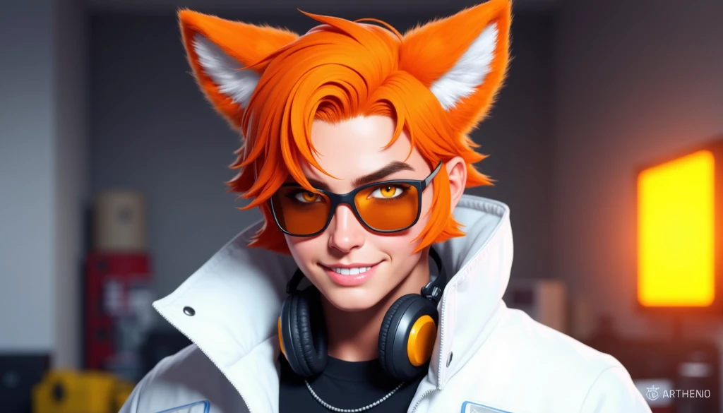 Anime guy with orange hair and headphones wearing a white jacket,  a character portrait inspired by Taiyō Matsumoto ,  trending on artstation , hairy art, fox,  realistic art style , garoto fox, como uma personagem The Overwatch, Tracker game character,  m...