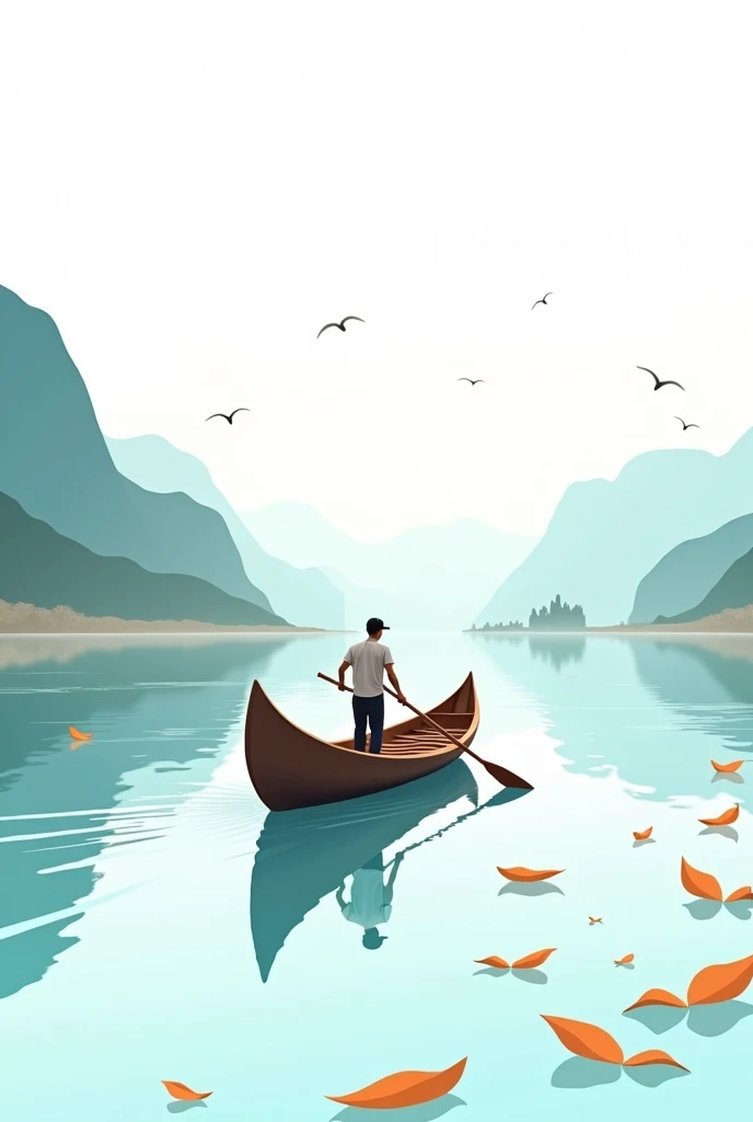 white background,Boatman Rowing a Wooden Boat (classic rowboat, gentle ripples in water,Flowing River or Serene Lake (calm waters with reflections of the sky),Rolling Hills or Misty Mountains in the Background,Birds Flying Overhead,Gentle Breeze with Float...