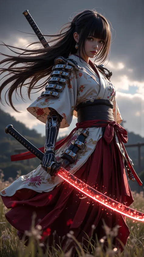  A highly detailed fantasy animation illustration ， depicts a samurai girl wearing a kimono with shoulder armor。 She holds a knife that emits red energy ， long hair flutters in the wind ， standing on the field for the next battle training 。 （Maximum Ultra ...